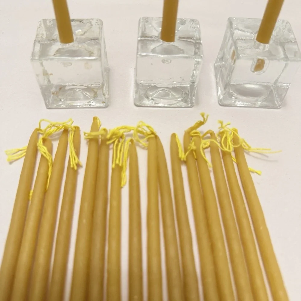Art Glass VTG Cube Candle Holder Taper Mini Beeswax Candles MCM 3PC Set Findland